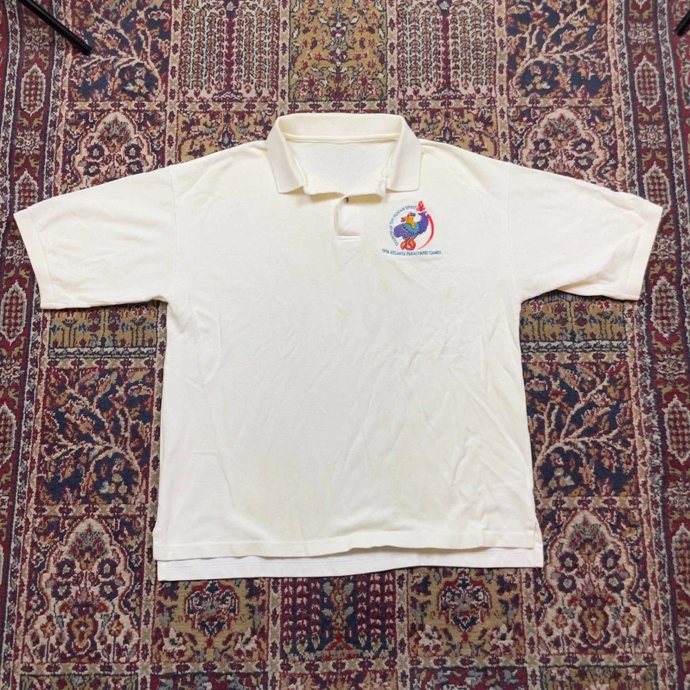 VTG 1996 Atlanta Paralympic Games Polo Shirt Men's Cream Short Sleeve L USA logo